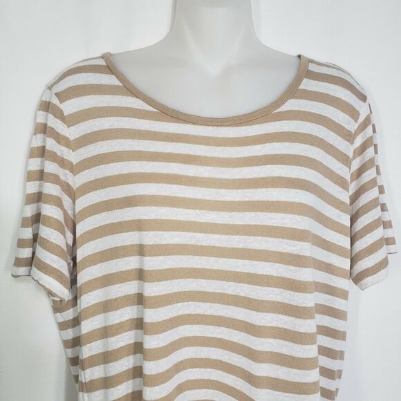 Michael Kors Women's Top Large Striped Linen Blend Beige Front Tie Short Sleeve - Picture 3 of 10